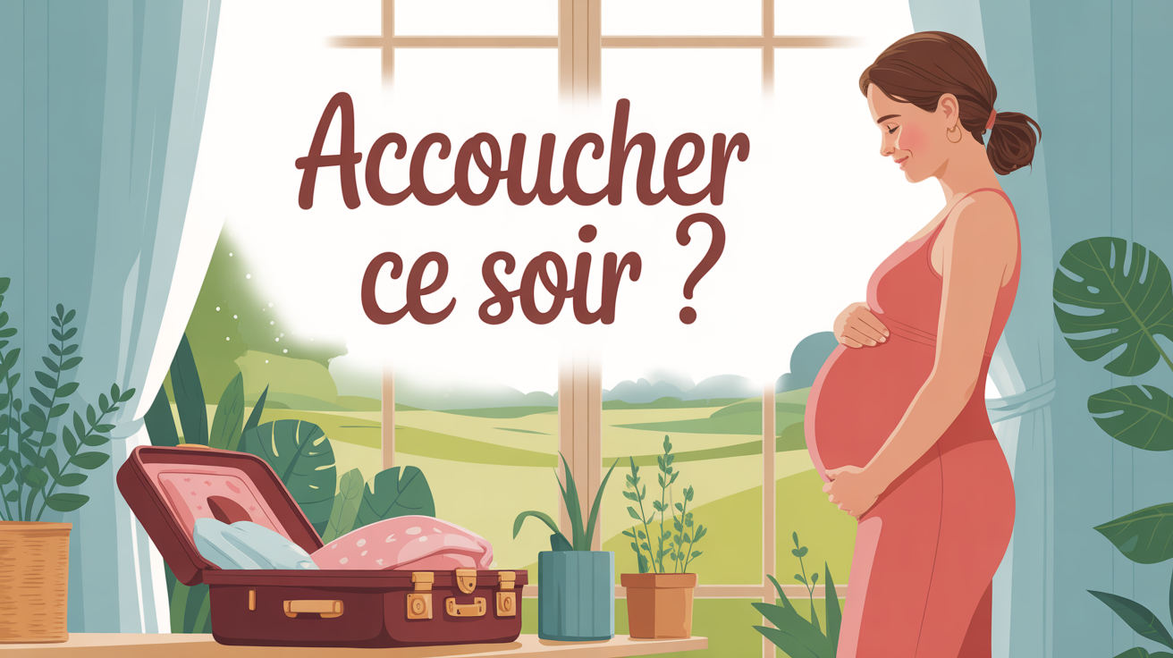 Femme enceinte en fin de terme avec valise maternité, ambiance paisible