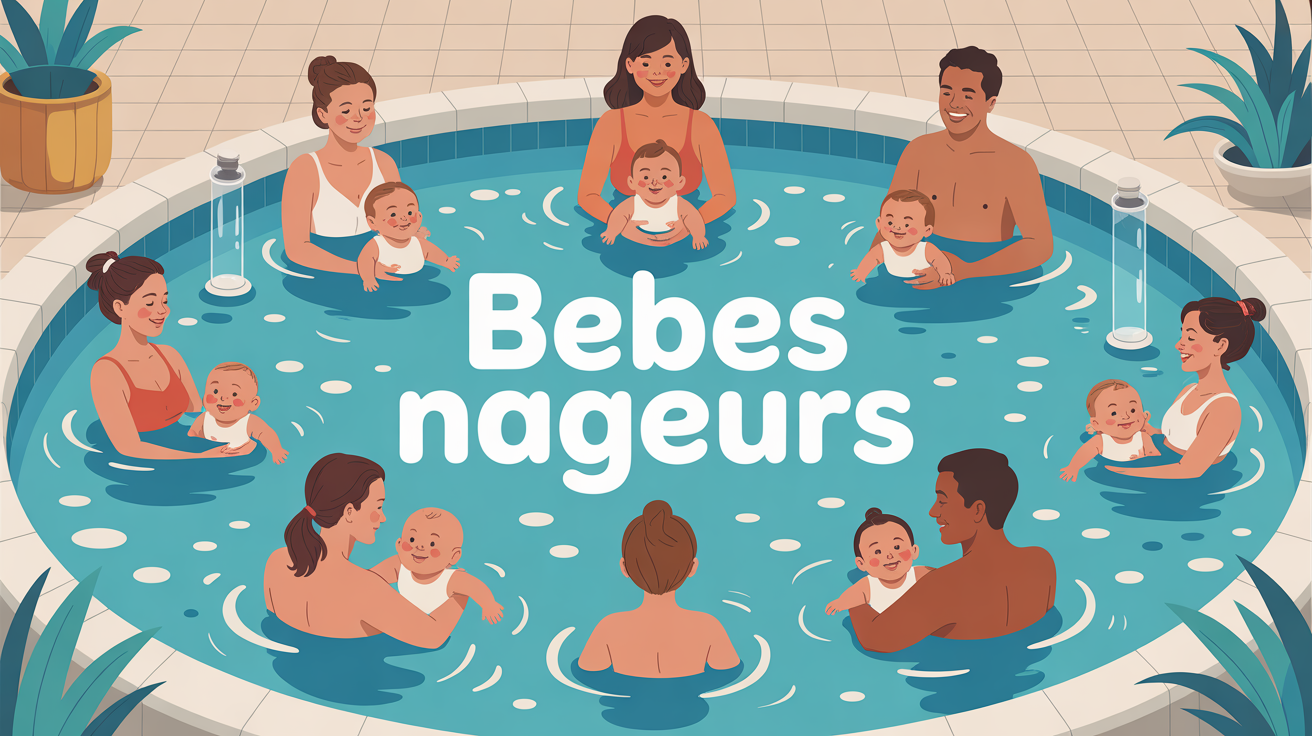 Illustration bébés nageurs parents piscine chauffée