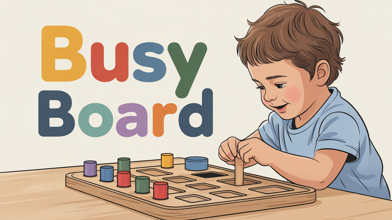Enfant joue busy board en bois naturel