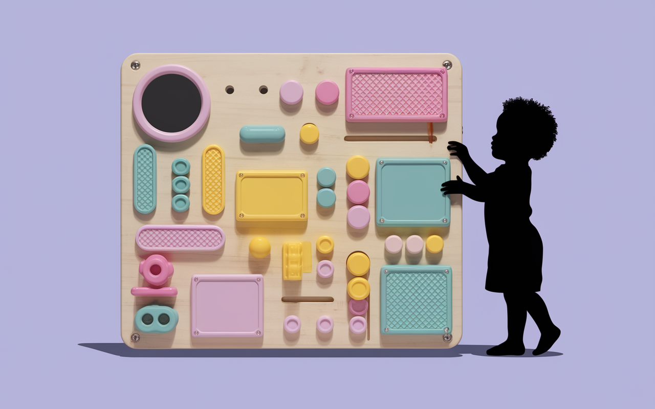 Enfant découvre tableau busy board sensoriel