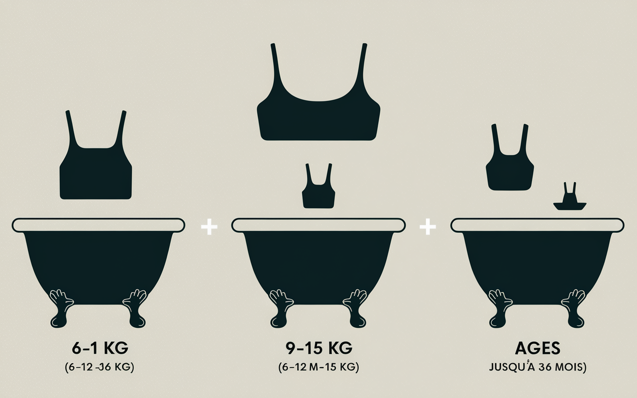Tableau tailles couches de bain bébé S M évolutif