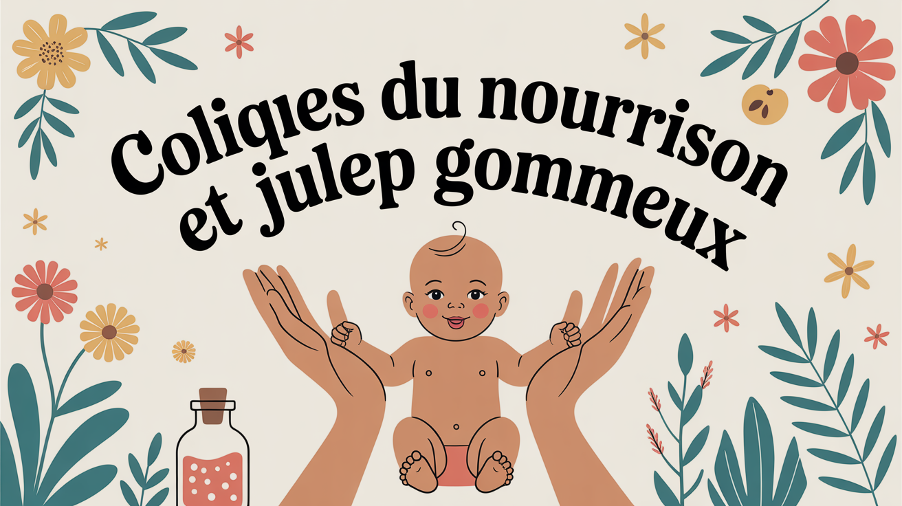 Illustration coliques du nourrisson et julep gommeux dans les bras d'un parent