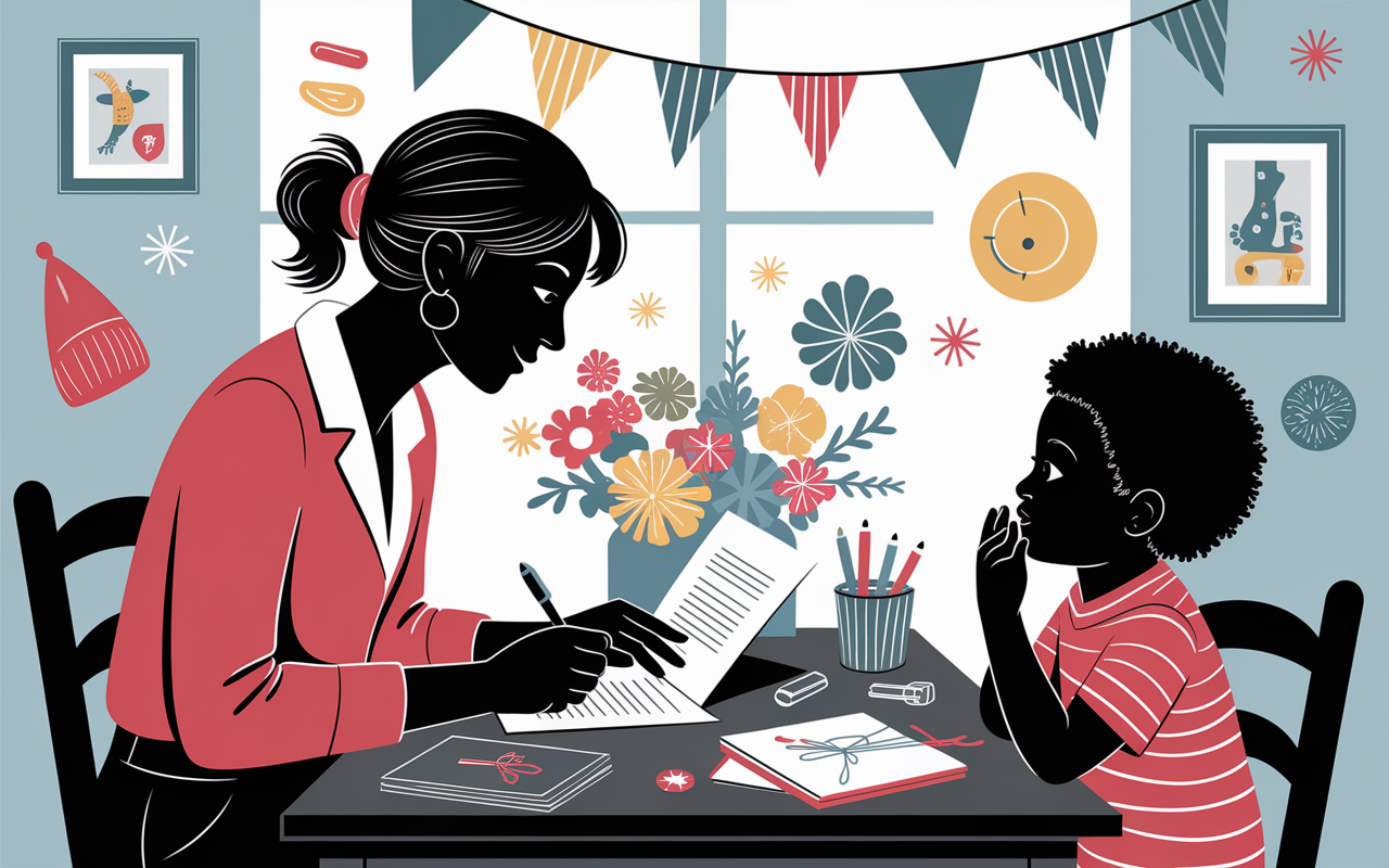 Adulte écrit réponse du Père Noël devant enfant