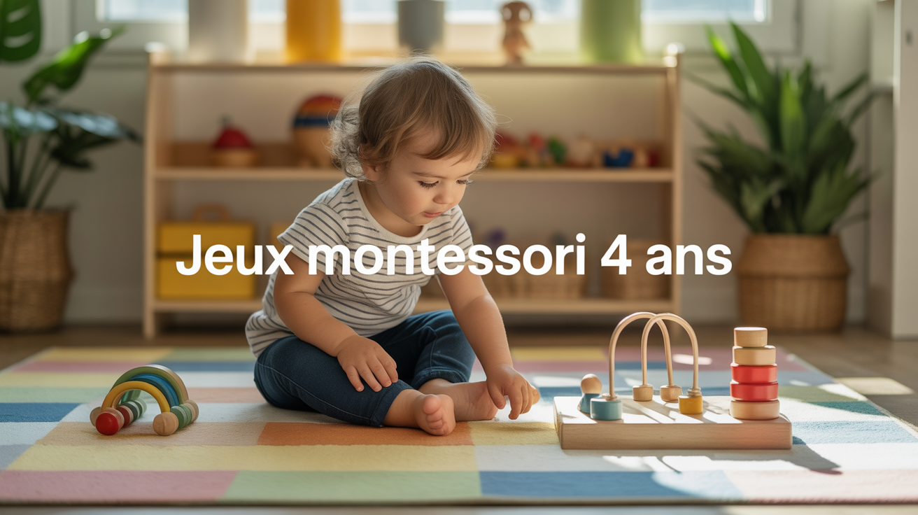 Enfant 4 ans joue sur tapis jeux Montessori bois