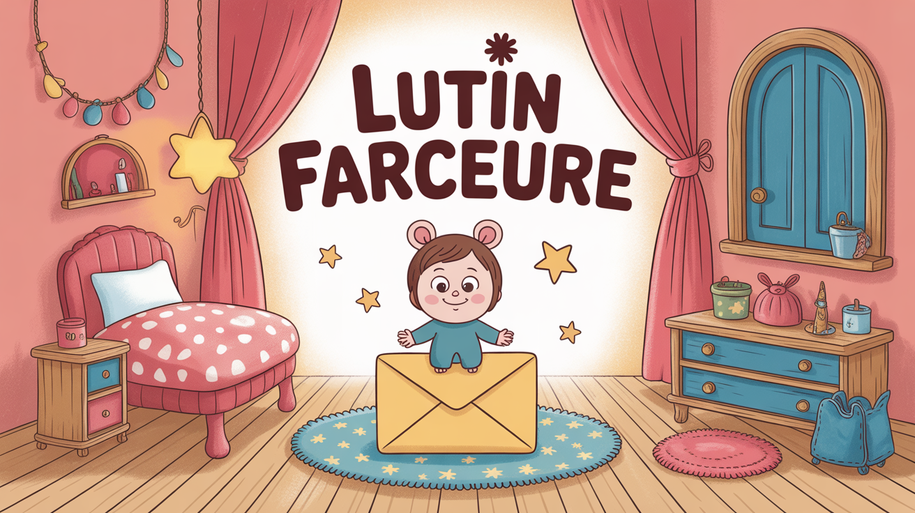 Lutin farceur debout sur une enveloppe, chambre magique
