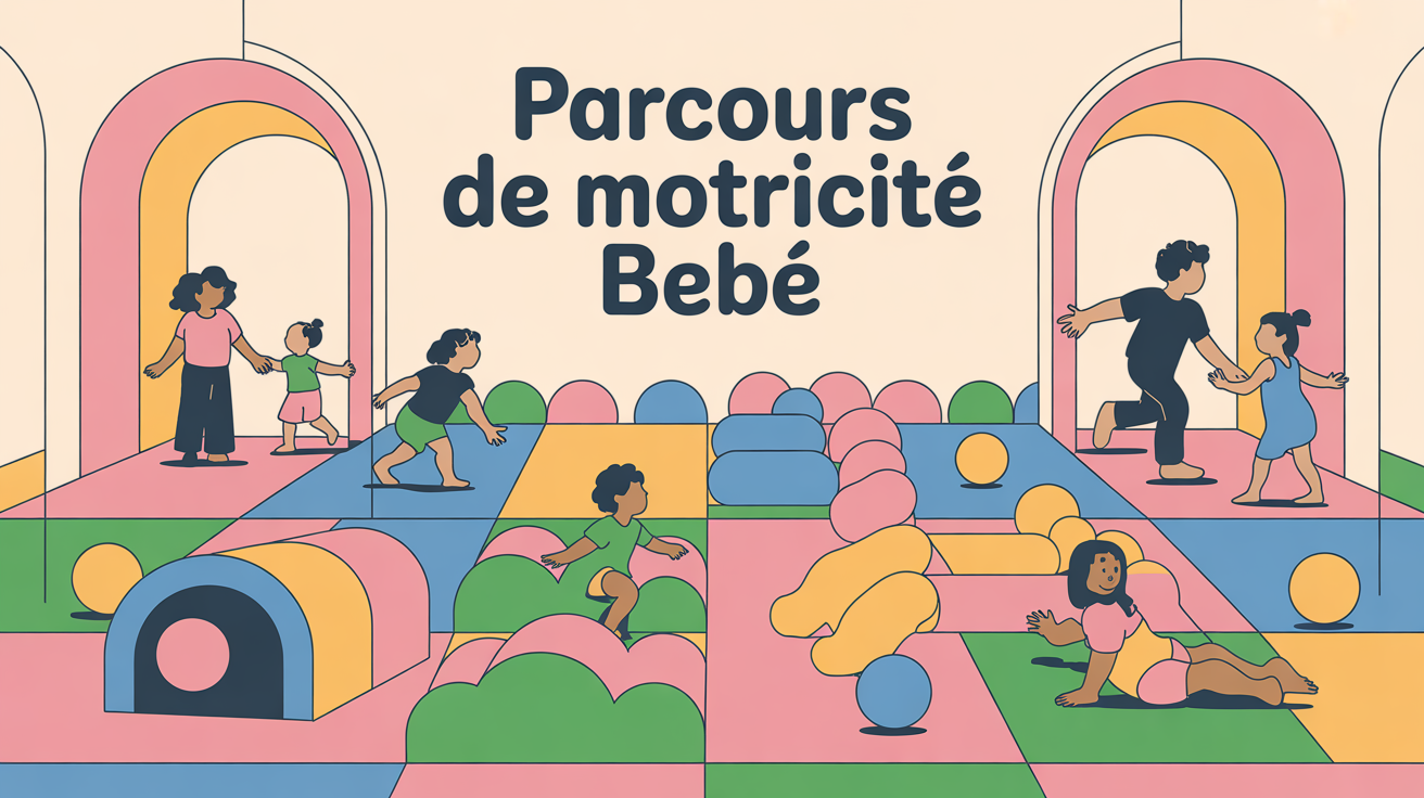 Illustration parcours de motricité bébé dans salon avec modules mousse