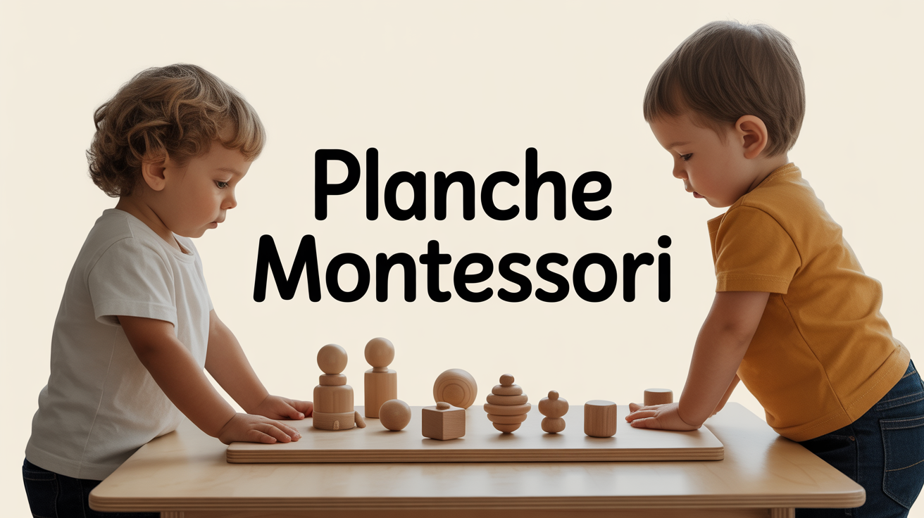 Planche Montessori en bois naturel avec jouets, enfants explorant