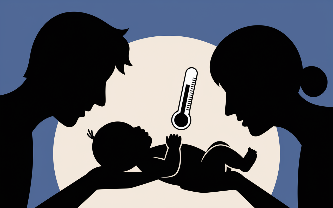 Parents surveillent bebe tete chaude corps froid thermometre