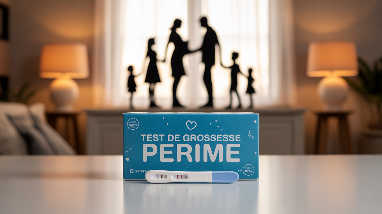 Boîte test de grossesse périmé sur table ambiance famille