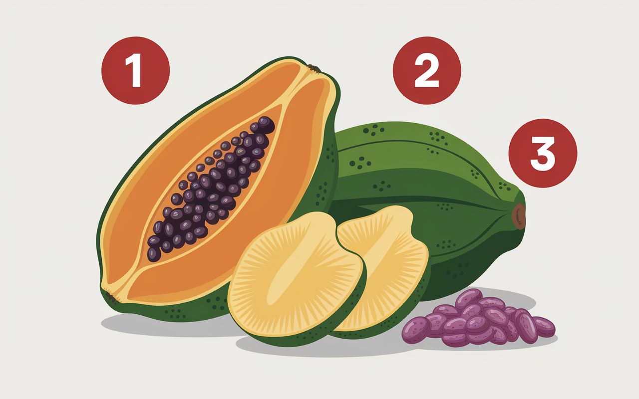 Papaye verte, ananas frais, raisins avec cercles éducatifs, fruits à limiter grossesse