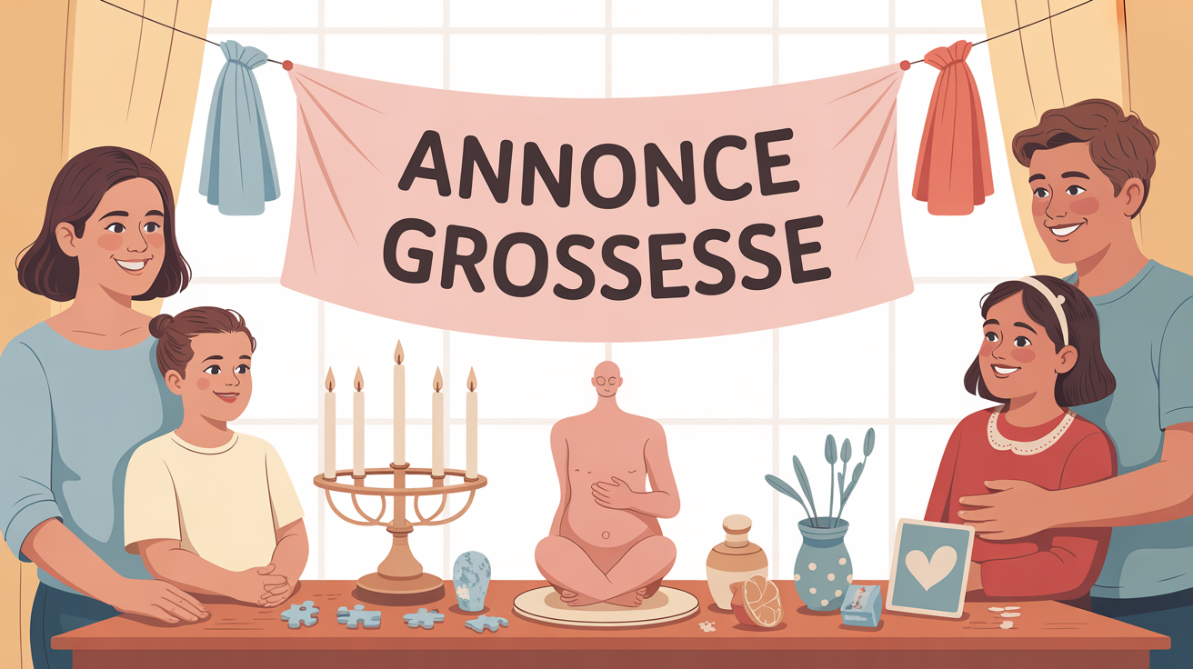 Annonce grossesse autour table ambiance familiale objets naissance