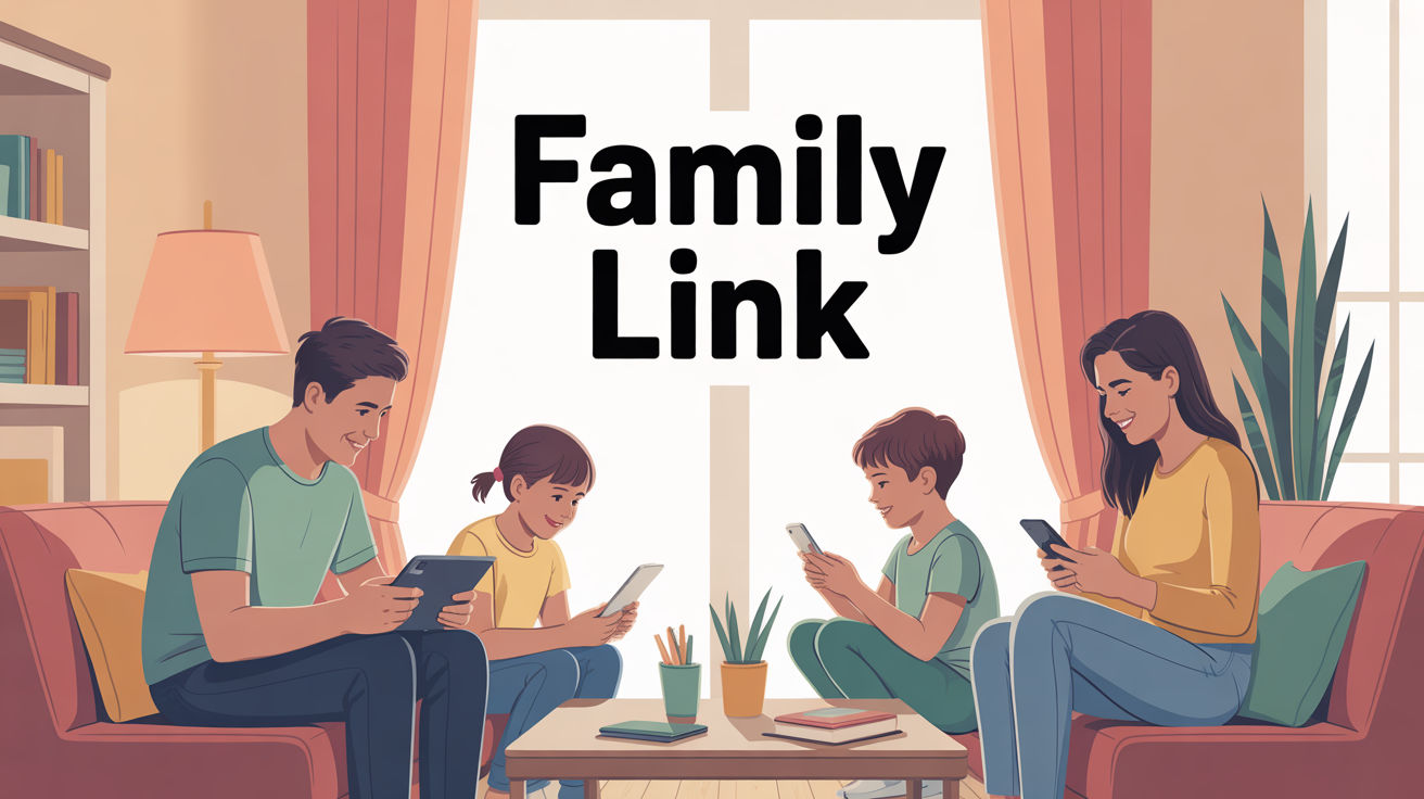 Scène familiale Family Link, enfants et parents autour des écrans