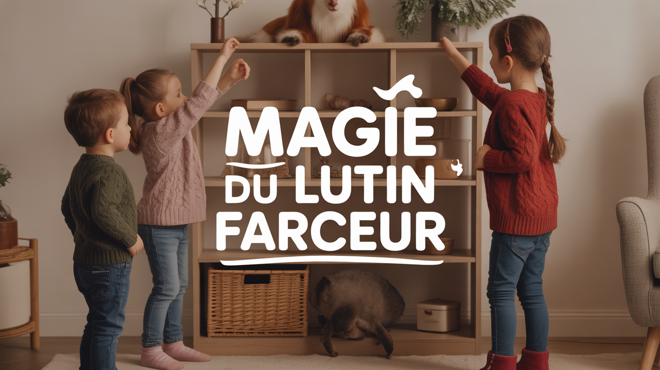 Enfants découvrant lutin farceur salon magie hiver