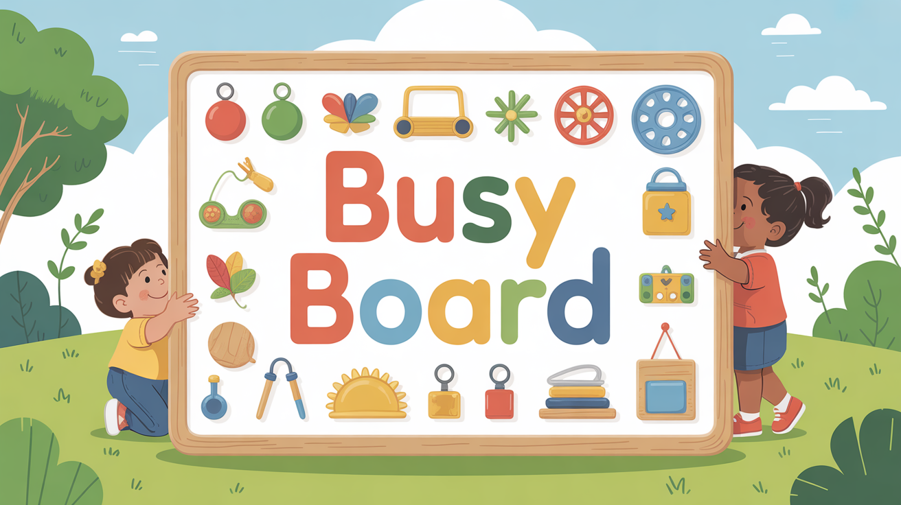 Planche d'activités Montessori busy board avec enfants manipulant