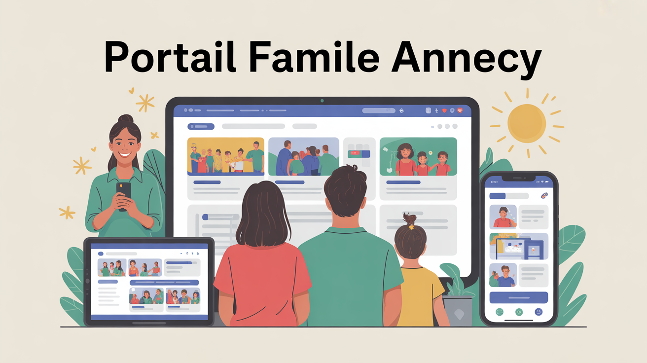 Famille sur ordinateur, tablette, smartphone portail Annecy
