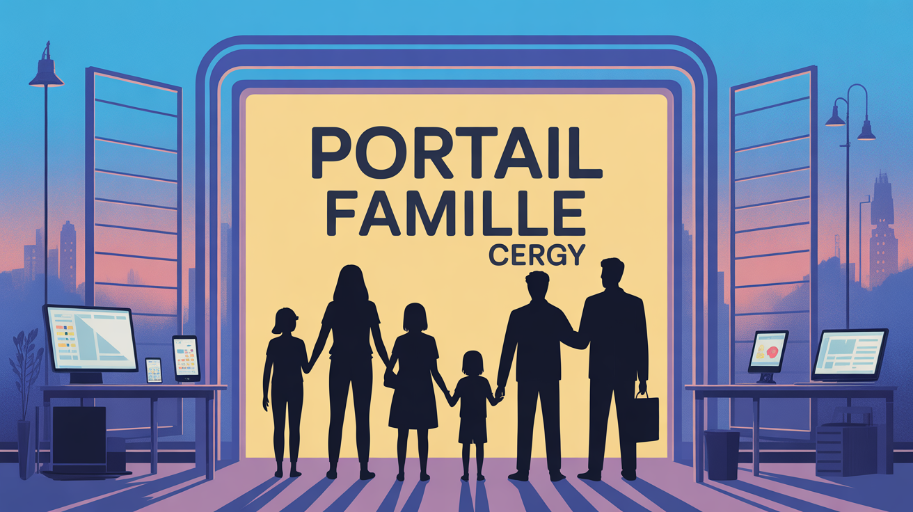Illustration famille devant portail digital Cergy