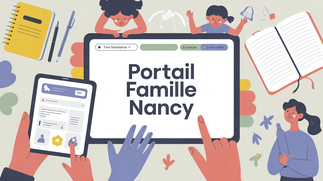 Portail famille Nancy sur écran, objets scolaires autour
