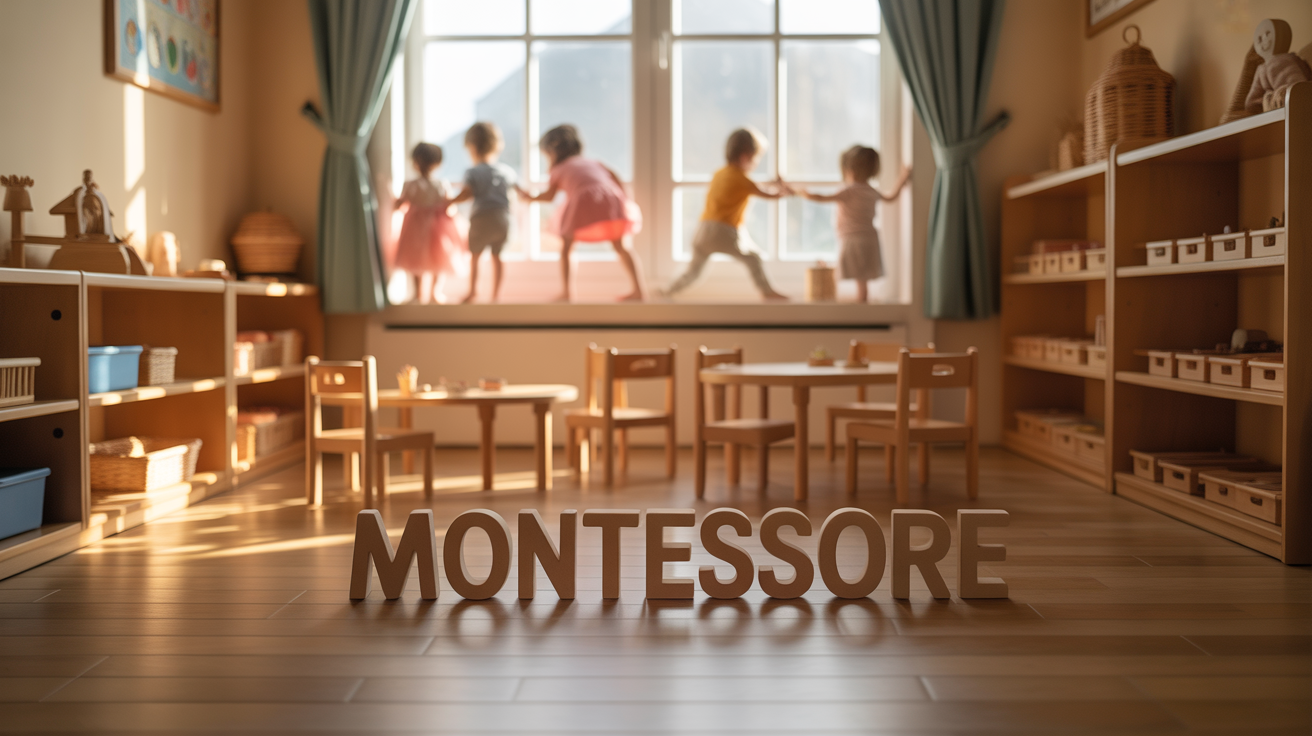Salle Montessori avec mobilier bois, enfants explorant, ambiance chaleureuse