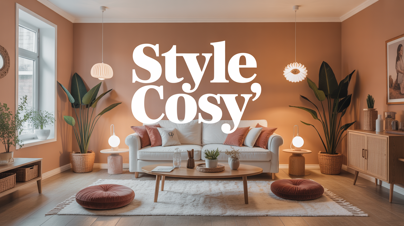 Salon familial style cosy avec tapis, coussins et lumières douces