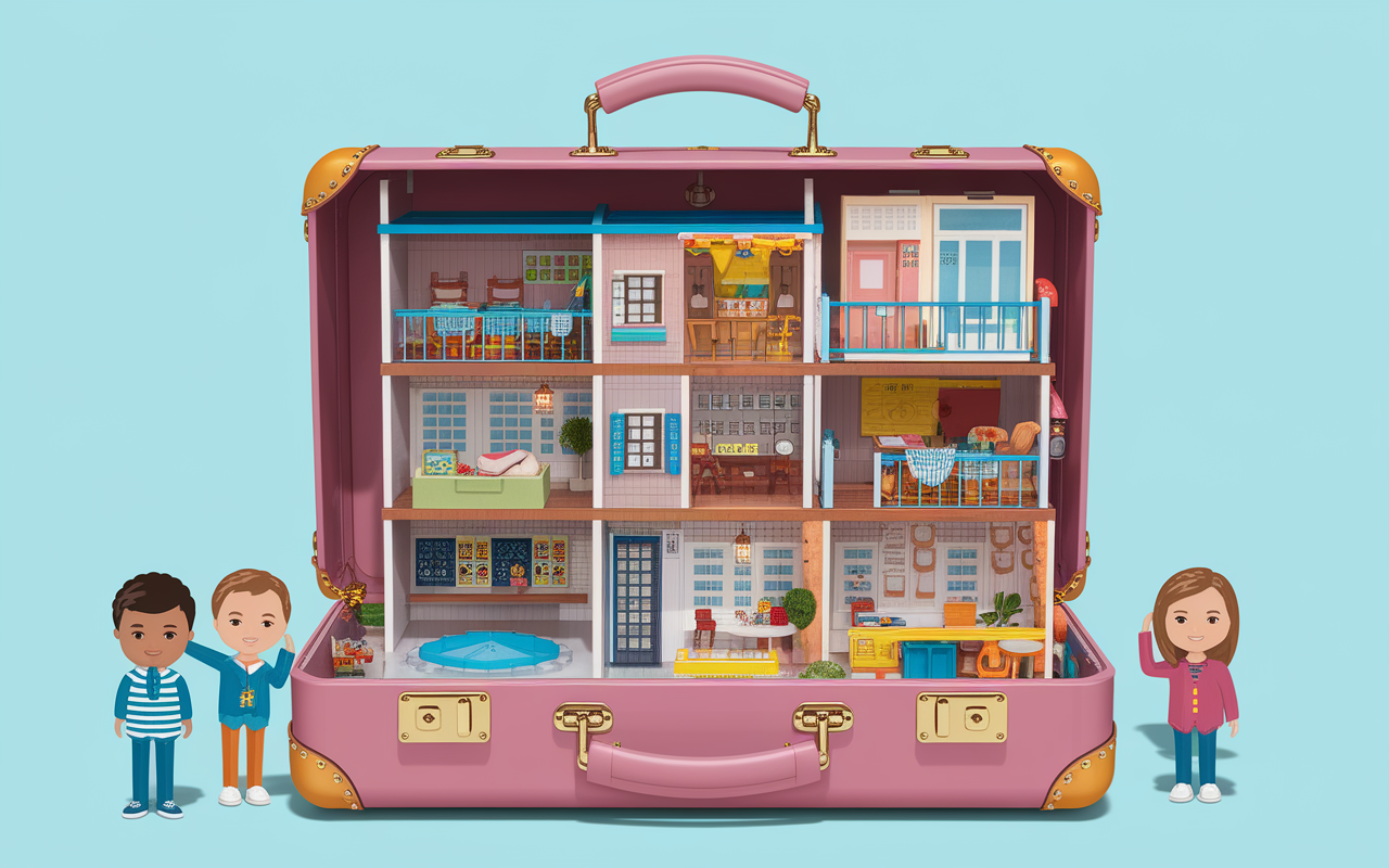 Vue éclatée valise Polly Pocket Pollyville hôtel 3 étages accessoires