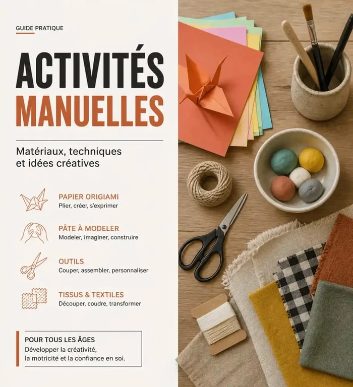 Matériel pour faire des activités manuelles sur une table en bois