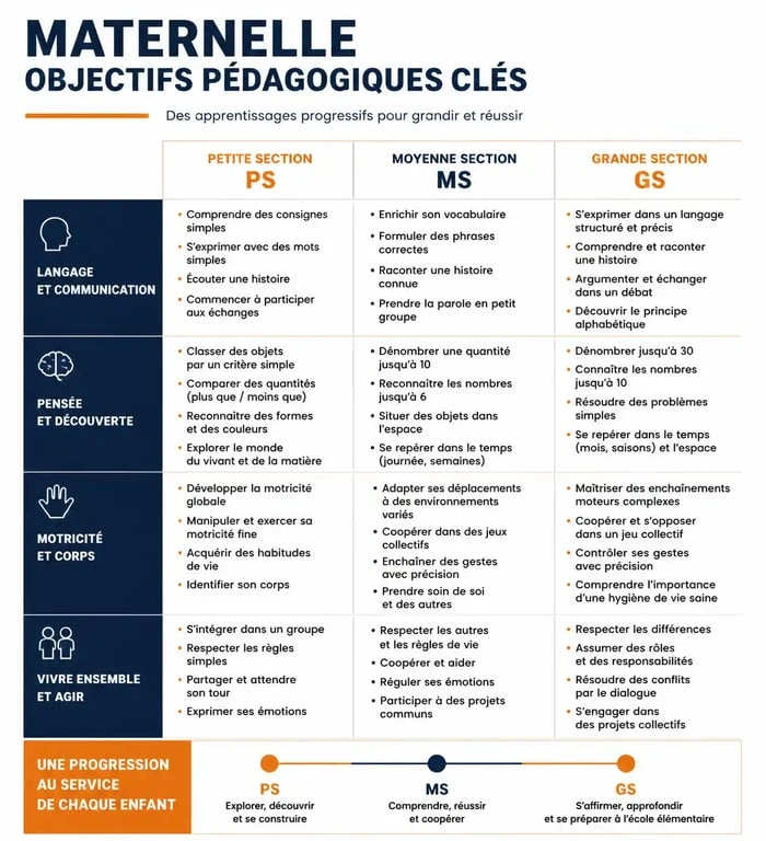 Infographie des objectifs pédagogiques et activités en maternelle par niveau