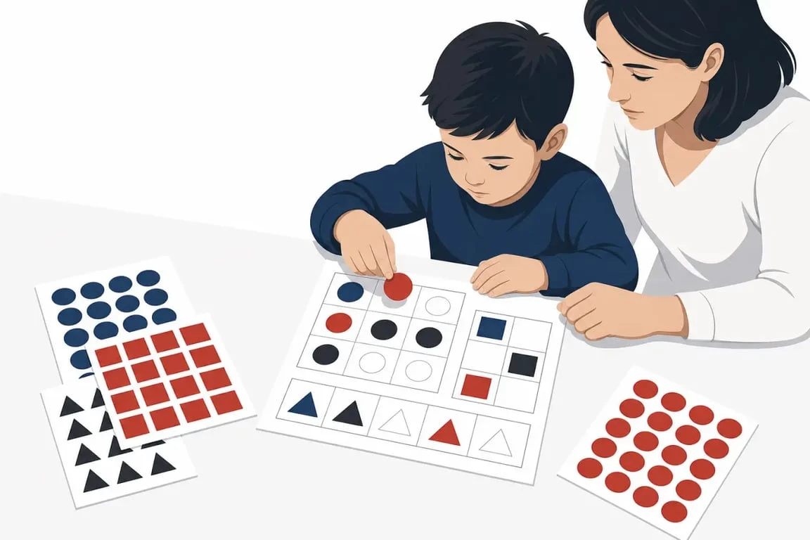Activité gommette à imprimer : enfant collant des gommettes sur une fiche papier avec un adulte
