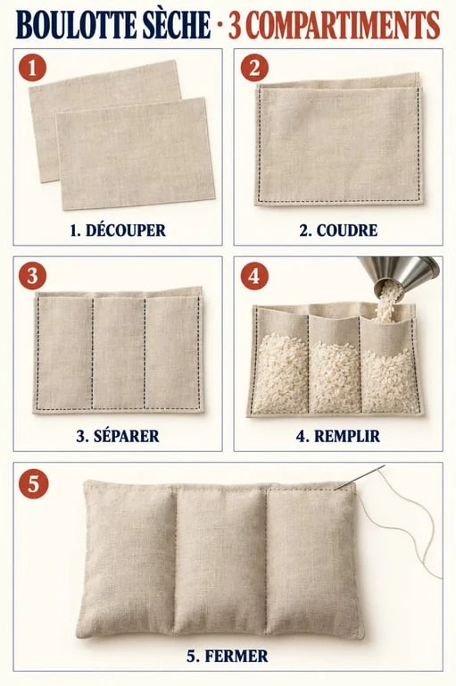 Tuto bouillotte sèche 3 compartiments illustré étape par étape avec couture et remplissage