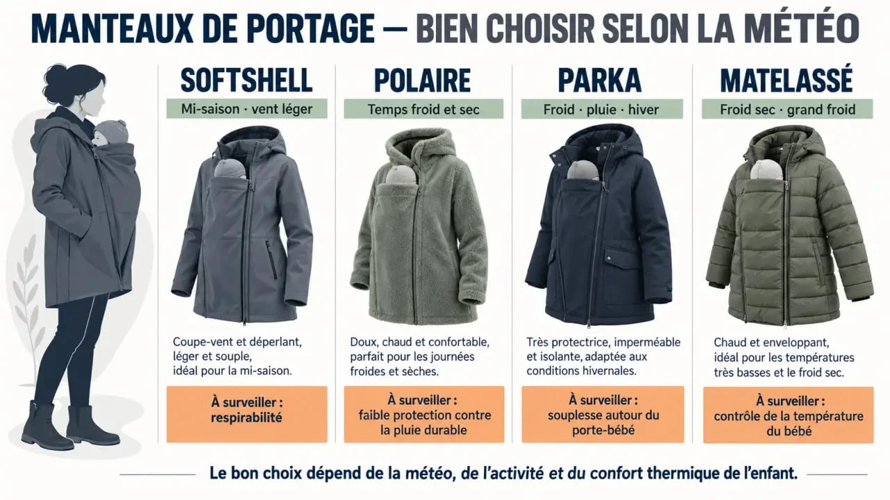 Manteau de portage : comparaison des matières softshell, polaire, parka et matelassé selon la météo