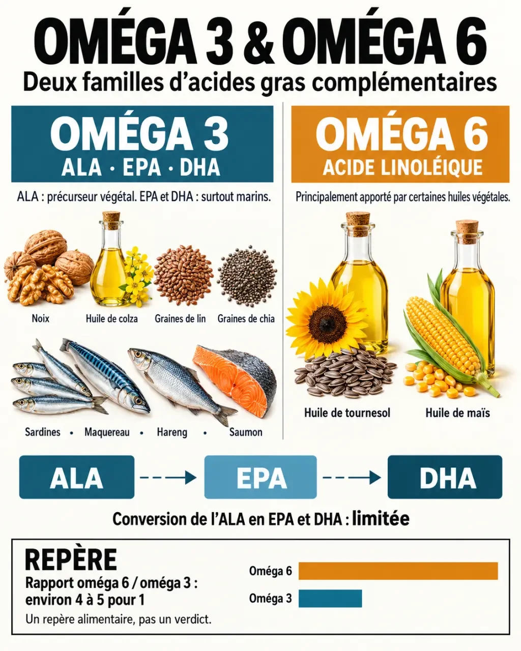 Infographie comparative sur les oméga 3 et 6, leurs sources alimentaires et le rôle de l’ALA, de l’EPA et du DHA