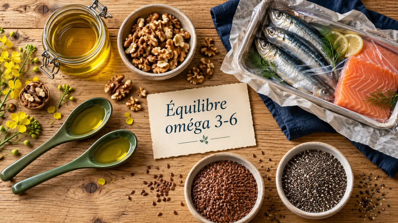 Omega 3 et 6 : assiette équilibrée avec huile, noix et graines