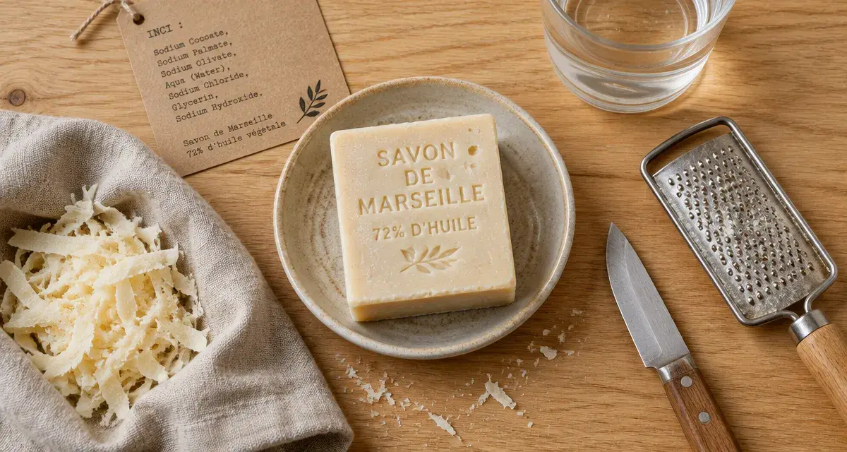 Savon de Marseille bienfaits : formule vérifiée, savon ivoire sur table en bois
