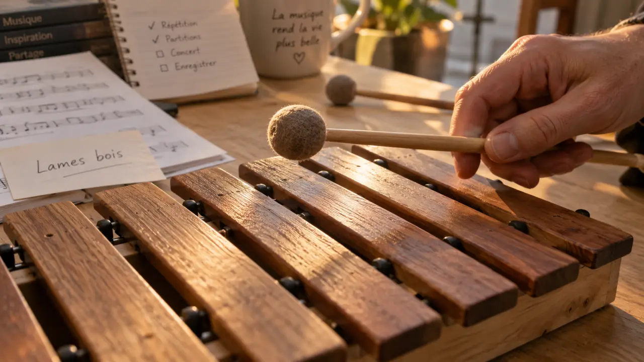 Xylophone en bois : lames en bois et maillets, son différent